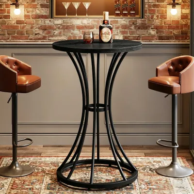 Imagen del producto de Mesa de pie de 95 cm de altura, mesa de pie redonda con estructura de metal curvada, mesa alta tipo bistró ideal para espacios pequeños, salones, cocinas y apartamentos, color negro