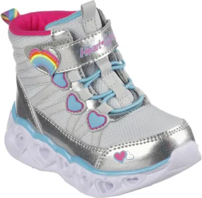 A single silver boot for a girl with pink and blue accents and rainbow detailing.
