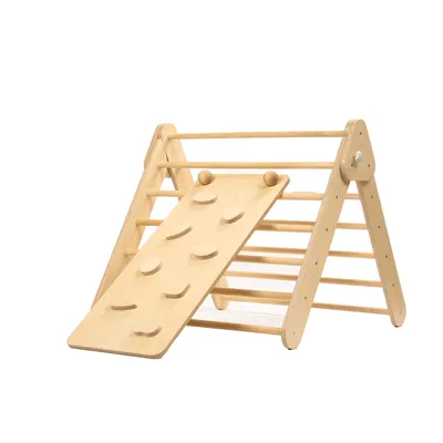 Image de leg&go Ensemble Triangle d'escalade avec Rampe /Toboggan en Bois, Montessori , Naturel