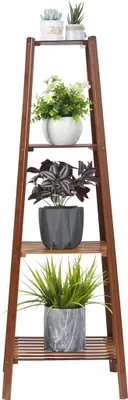 A multi-tiered wooden plant stand with various potted plants.