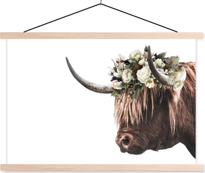 Produktbild von MuchoWow® Textilposter Schottisches Hochlandrind - Kuh - Blumen 60x40 cm mit holzfarbenen Rahmen - Bilder