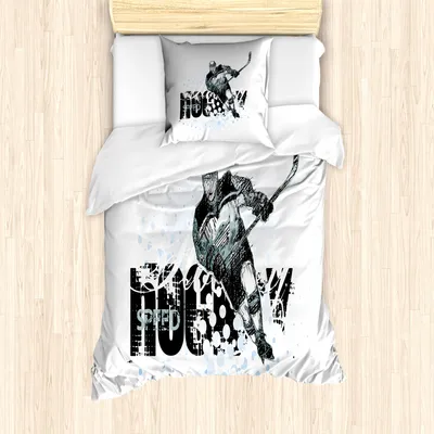Produktbild von ABAKUHAUS Eishockey Mantele, Grunge-Spieler-Skizze, Milbensicher Allergiker geeignet mit Kissenbezügen, 135 cm x 200 cm - 80 x 80 cm, Schwarz Weiß Blassblau