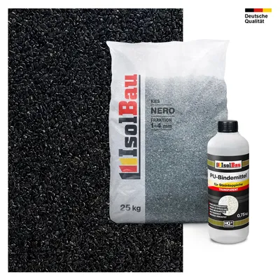 Isolbau Steinteppich Set Marmorkies 1-4 mm Nero Schwarz 25 kg - Inkl. PU-Bindemittel bis 2,5 m² Bodenbelag