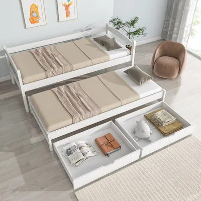 Produktbild von okwish Tagesbett, Funktionsbett mit 2 MDF-Schubladen und Lattenroat, Massivholzrahmen, Schiebebett mit Rollen unten, weiß 200x90cm/190x90cm