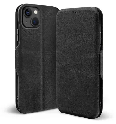 A black leather flip case for an iPhone 13 Mini is shown against a white background.