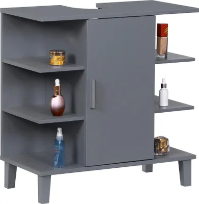 Produktbild von Relaxdays Waschbeckenunterschrank mit Tür und 6 Ablagen, HBT: 65x64x31 cm, MDF, Badunterschrank Waschbecken, grau