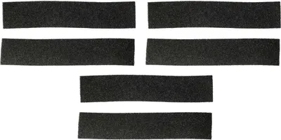 Six black foam filter strips arranged in a staggered pattern against a white background.