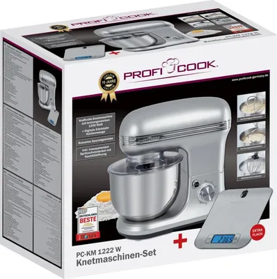 Image de Set pétrin ProfiCook PC-KM 1222 W argent/inox avec balance de cuisine / 1.200 watts / 5 litres / 8 vitesses / démarrage en douceur