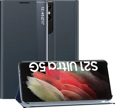 Image de Etui Samsung Galaxy S21 Ultra 5G, étui mince en cuir avec fenêtre et support pour Samsung Galaxy S21 Ultra 5G Bleu marine