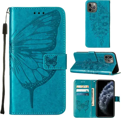 Produktbild von iPhone 11 Pro Hülle, Schmetterling Prägung Flip Leder Kartenfächer Schutzhülle Ledertasche mit Ständer für iPhone 11 Pro Blau