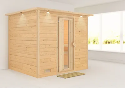 Produktbild von Karibu Sauna Innensauna Sonara Fronteinstieg ohne Zubehör 259x210x206 cm mit Dachkranz  mit Energiespartür