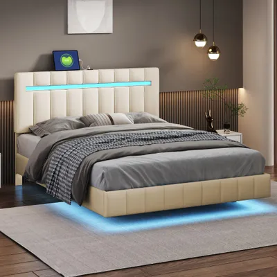 Produktbild von Polsterbett 140x200 cm (Ohne Matratze) gepolsterter Schwebebett Rahmen mit LED-Leuchten Kopfteildesign flächiges Doppelbett-Gästebett Leinen Beige
