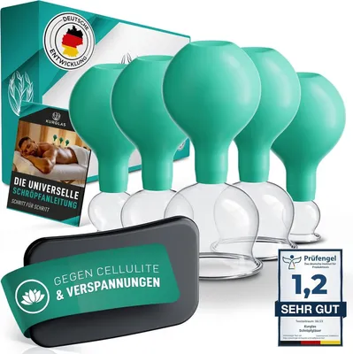 KURGLAS Schröpfgläser aus Echtglas [5 Stück] - Medizinische mit Saugball & Faszienschaber - Schröpfen mit starker Saugleistung - mit e-Book