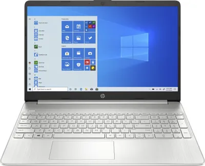 A silver HP laptop with a Windows 10 Pro operating system displayed on the screen.