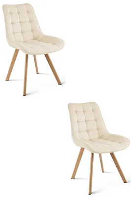 Productafbeelding van Twee fluwelen stoelen in lichtbeige kleur, met beukenpootjes, geschikt voor de eetkamer of woonkamer