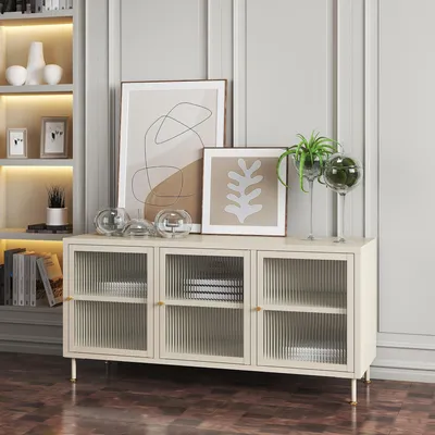 Produktbild von TV-Schrank 'Lindau' mit 3 Türen Stahl mit geriffeltem Glas 120 x 40 x 59 cm Cremeweiß