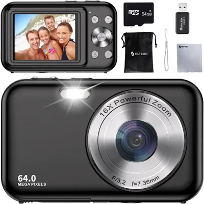 Produktbild von Siltcon® Digitalkamera Full HD 64MP – Kompaktkamera für Kinder & Vlogs, 16x Zoom, inkl. 64GB SD-Karte