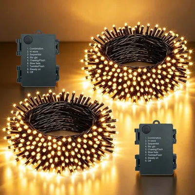 LED-Lichterkette 10 m, 100 LEDs, warmweiß, 2 Stück, batteriebetrieben