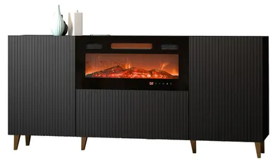 Produktbild von Mirjan24 Kommode Pafos 180 mit Kamin, Stilvoll Schlafzimmer Kollektion, Highboard, Modern Sideboard (Farbe: Schwarz / Gold Füße, mit Kamin Schwarz)