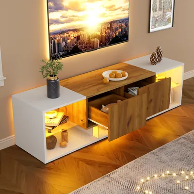 Produktbild von STILVORA TV-Lowboard mit Glasablagen und 2 Schubladen, TV-Schrank mit 3 Ebenen, TV-Stand für Fernseher bis 70, Weiß