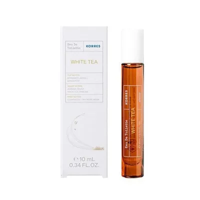 A product shot of a Korres White Tea Eau de Toilette rollerball perfume and its packaging.