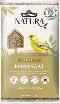 Produktbild von Dehner Natura Premium Wildvogelfutter, Hanfsaat, Ganzjahresfutter proteinreich / energiereich, hochwertiges Vogelfutter für Wildvögel, 2.5 kg