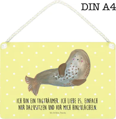 Produktbild von Mr. & Mrs. Panda Schild Robbe Lachen DIN A4 - Gelb Pastell - Geschenk, wandtafel, Nordsee, holzbild, Strand, Seehund, Meerestier, Wandschild, Wandbild Holz, Ostsee