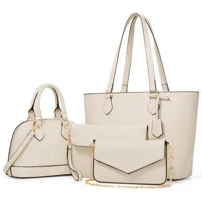 Produktbild von MODFU 4 tlg Umhängetasche Schultertasche mit Reißverschlüsse Shopper Tasche ,Handtasche Groß Schultertasche Kunstleder, Beige