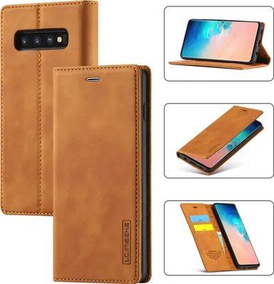 Obrázek produktu pro Galaxy S10 Kožené pouzdro s funkcí stojánku a držákem karet, peněženkový design pouzdro pro Samsung Galaxy S10 Hnědý