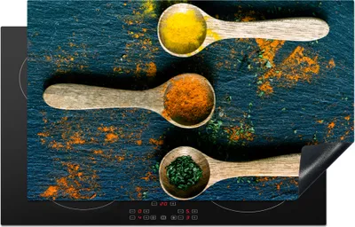 Produktbild von KitchenYeah© Herdabdeckplatte Gewürze - Löffel - Kräuter - Braun - Gelb - Grün , 83x51cm, Küche Deko, Glaskeramikkochfeld Herdabdeckung, Abdeckplatte fùr Kochfeld