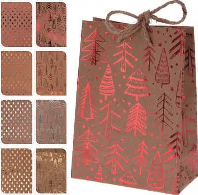 Produktbild von 12 x Geschenktaschen aus ungebleichtem Papier in äußerst stabiler Ausführung mit Henkel aus Jute - Stilvoll mit Goldprägung - Geschenktüten Weihnachten - Geschenktaschen - Weihnachtstüten - Weihnachtsgeschenktüten