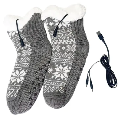 Produktbild von Paar elektrisch beheizbare Socken, Unisex, Winter, gestrickt, flauschig, Fleece, Hausschuhe, rutschfest, mit Wärmekissen, Fußwärmer