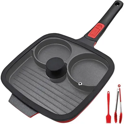 Obrázek produktu pro Pánev s nepřilnavým povrchem a víkem, s 3 otvory, průměr 26 cm, grilovací pánev s třídělenou konstrukcí a nepřilnavým povrchem, pánev na palačinky s odnímatelnou rukojetí