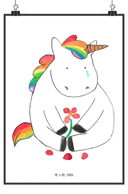 Produktbild von Mr. & Mrs. Panda Bild Einhorn Traurig DIN A5 - Weiß - Geschenk, Einhörner, Trauer, Blume, Kunstdruck, Unicorn, Grußkarte, poster, Liebe, drucke, wanddeko, Plakat