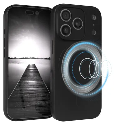 A black phone case with a magnetic ring is shown next to a smartphone displaying a black and white image of a pier.
