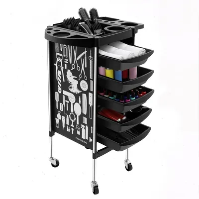 Image de Chariot de coiffure - Chariot de salon - 5 tiroirs - 6 étagères - 4 roulettes - Structure métallique - Capacité de charge 80 kg - Dimensions 36 × 90 cm - Noir