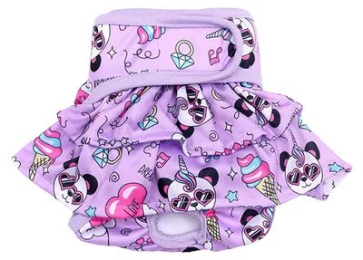 Produktbild von Windeln für Hündinnen, Panda-Muster, niedlich, auslaufsicher, atmungsaktiv, wiederverwendbar, waschbar, Höschen, Lila, M