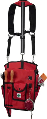 A red tool belt with suspenders, tools, and a first aid kit symbol.