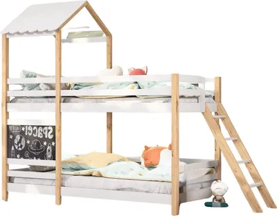 Obrázek produktu pro Dětská stohovatelná postel Fioren 90x200 cm - Bílá - Masivní dřevo - S rohovými schody, školní tabulí, ochranou proti pádu a oknem - Postel pro jednu osobu