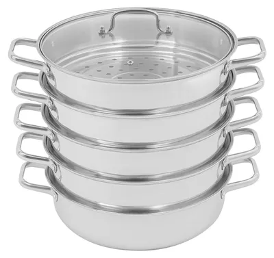 Immagine prodotto di Pentola a vapore da 32 cm - Pentola a vapore a 5 livelli - Acciaio inossidabile 304 - Coperchio in vetro temperato - 4 contenitori per la cottura a vapore - Maniglie ergonomiche resistenti al calore
