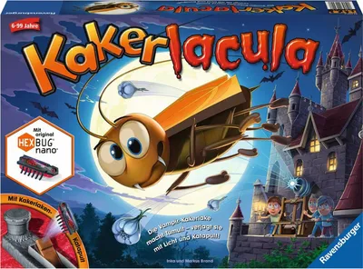 The image shows the box art for the board game Kakerlacula, featuring a cartoon cockroach character flying towards a castle under a full moon.