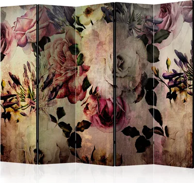 A room divider with a floral pattern.