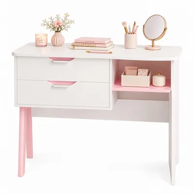 Immagine prodotto di Scrivania per bambini e ragazzi bianca con dettagli rosa, 90 cm, con cassetti