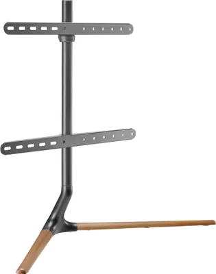 A TV stand base with a central pole and two horizontal mounting brackets, featuring a dark gray metal structure with a light brown wooden accent on the base.