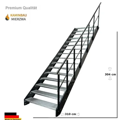 Zdjęcie produktu dla Schody podłużnicowe Schody stalowe Stopnie kratowe 16 stopni Ocynkowane z poręczą Prawe i podłużnice w kolorze antracytowym RAL 7016 (szer. x wys. x gł.) 100 x 304 x 310 cm