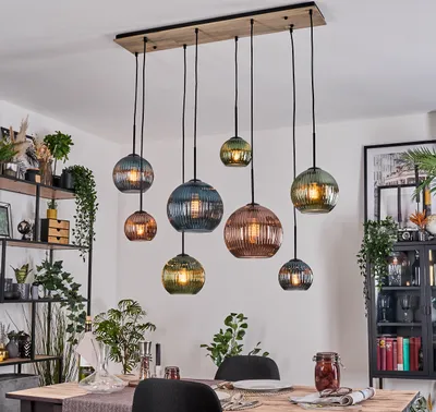 Produktbild von Cesaro Hängelampe aus Metall/Holz/Riffelglas, Schwarz/Natur/Kupfer/Blau/Grün