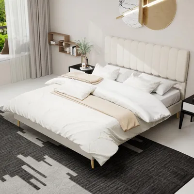 Image de MODFU Lit rembourré 160x200 meuble de chambre à coucher multifonctionnel avec tête de lit douce,lit double avec tissu en velours hollandais et installation sans problème,sans matelas,Beige