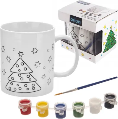 Produktbild von Weihnachtstasse selbst bemalen: Pinsel, 6 Farben, weißes Porzellan