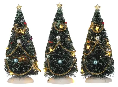 Obrázek produktu pro Miniaturní vánoční stromečky LuVille Christmas village s blikajícími barevnými LED světýlky - 3 kusy - H15 cm