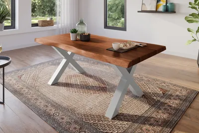 Produktbild von Esstisch 180 x 90 cm Akazie massiv nussbaum Baumkantentisch X-Gestell silber ATLAS